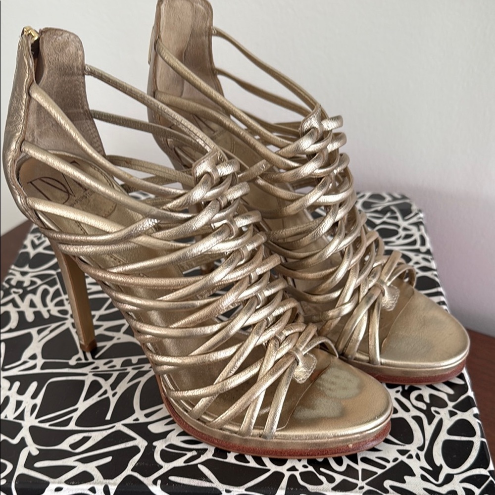 Diane Von Furstenberg Metallic Gold Strappy caged Heels